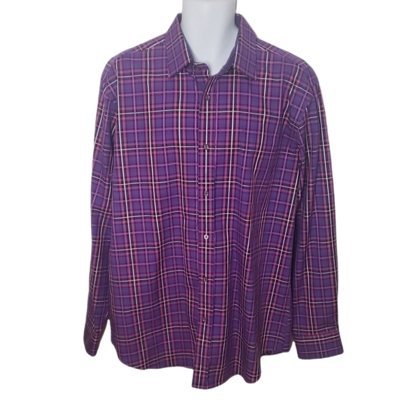 𝅺Bugatchi Uomo Shaped Fit Purple Preppy Luxury Office Fall Plaid Shirt - Men's - Picture 1 of 8